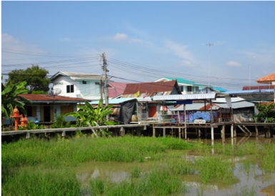 図2. ラチャドゥ村の水辺住居とサパーン